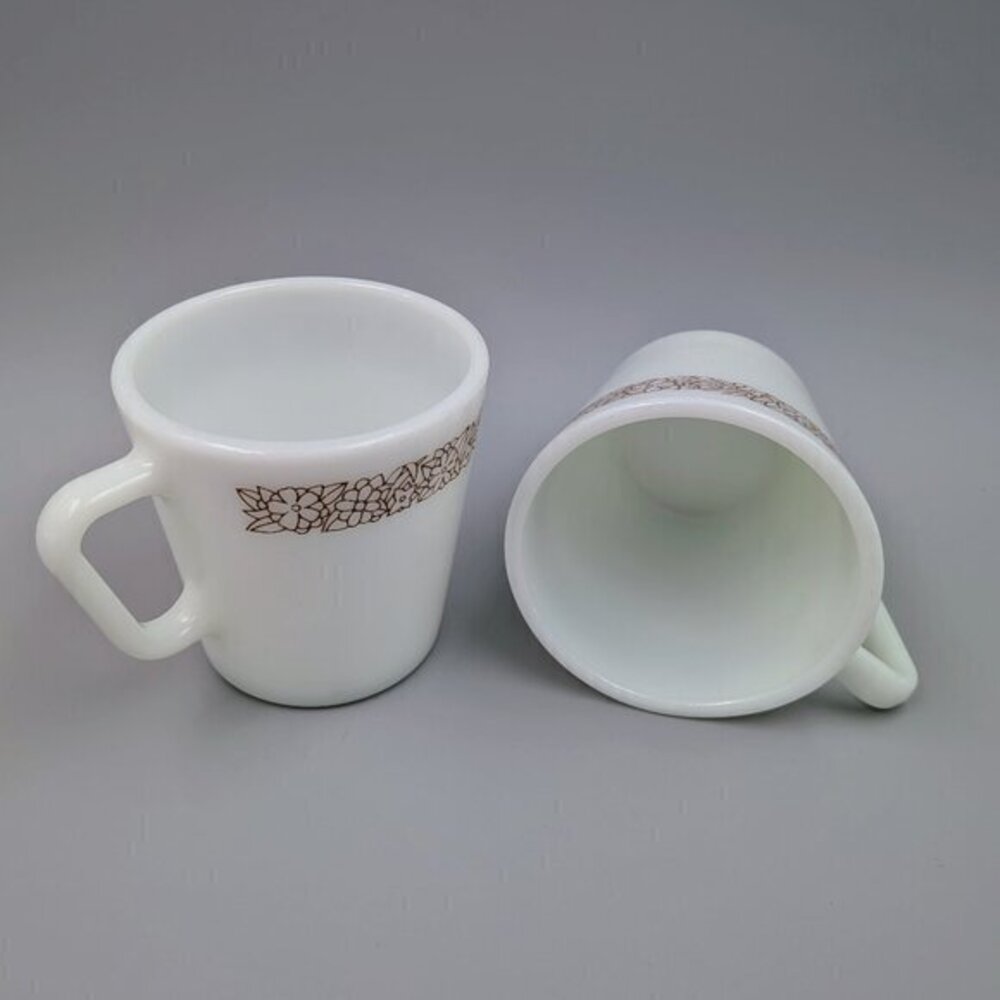 Retro Vibe: Pair of Vintage Pyrex Woodland Brown Coffee Mugs - 1970s Milk Glass